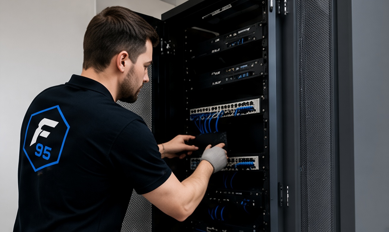 Technicien installant et organisant une baie informatique