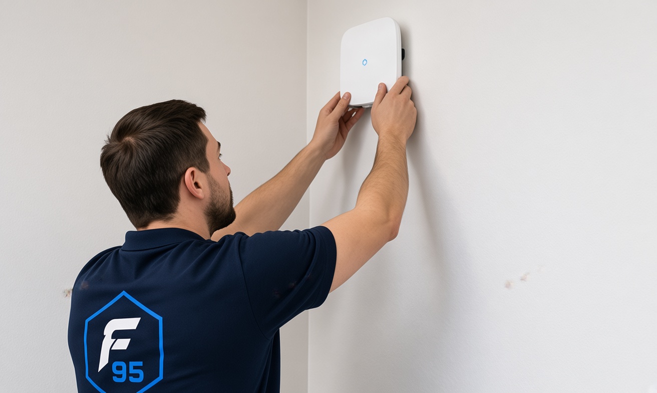 Technicien installant un point Wi-Fi en hauteur sur un mur
